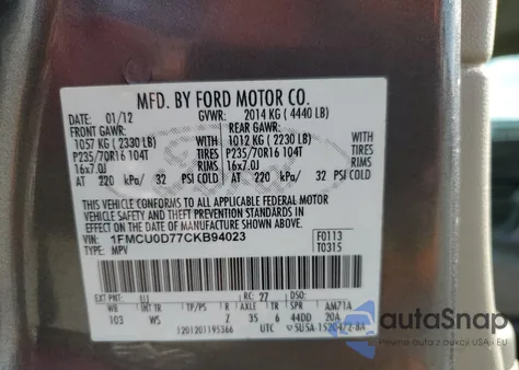 2012 Ford Escape Xlt из США, поврежденный, VIN 1FMCU0D77CKB94023